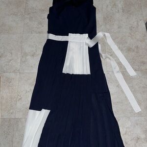 Unique Asymmetrical Designer Dark Blue and White Dress Sz S